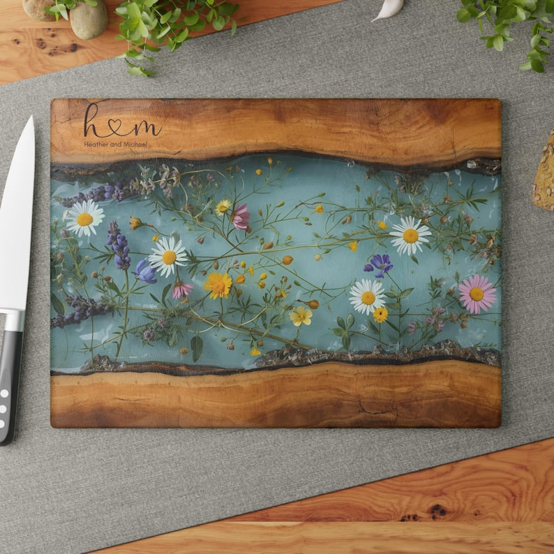 Personalized Glass Charcuterie Board, Custom Couples Names Cutting Board, Maple Wildflower Design, Housewarming Married Wedding Gift
