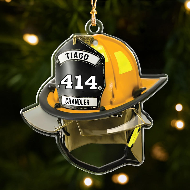 Personalized Firefighter Number & Name Ornament, Firefighter Helmet Decoration for Tree, Gift for Fireman, Gift for First Responder