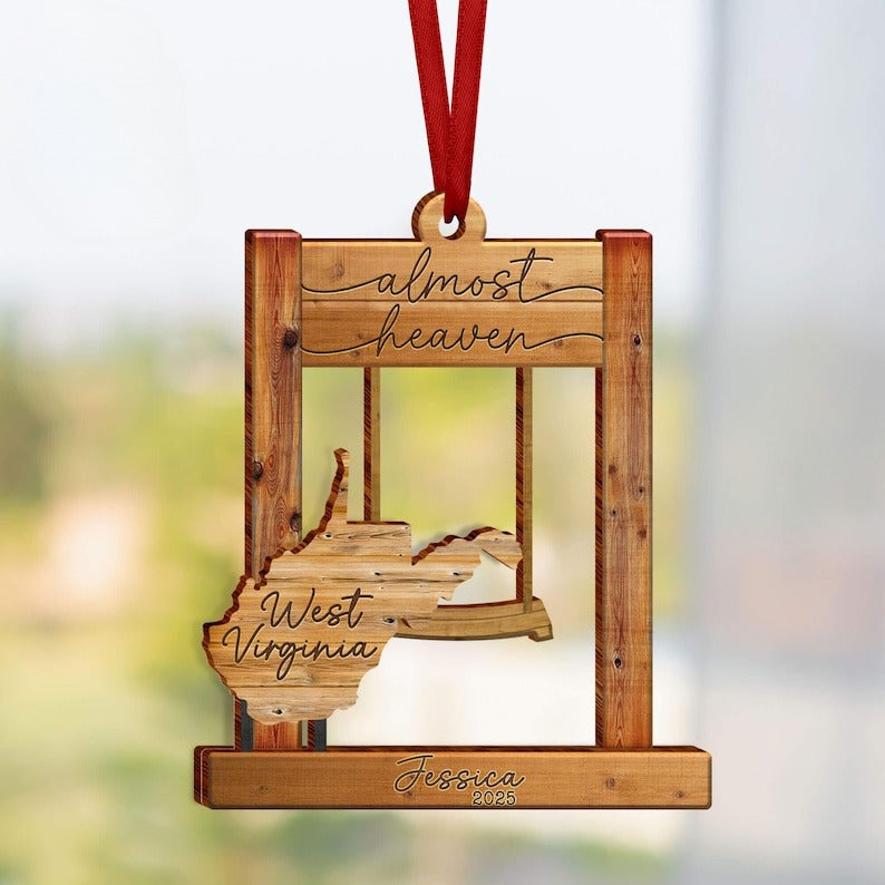 WV Almost Heaven Swing Wooden 2 Layerd Ornament, West Virginia Home Decor, West Virginia Ornament, WV Lover, West Virginia State Ornament