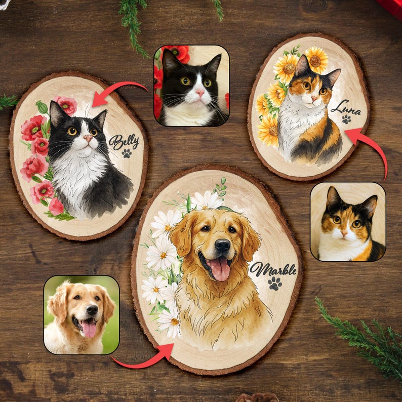 Dog Portrait Wooden Hanging, Custom Pet Portrait Dog Memorial Gift, Cat Photo Wall Art, Pet Loss Sympathy Gift, Pet Loss Gift