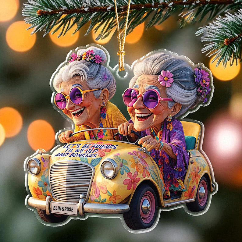 Bestfriends Name Ornament, Funny Old Ladies in Car, Personalized Friendship Christmas Gift, Gift for Lifelong Friends, Gift for Grandmas