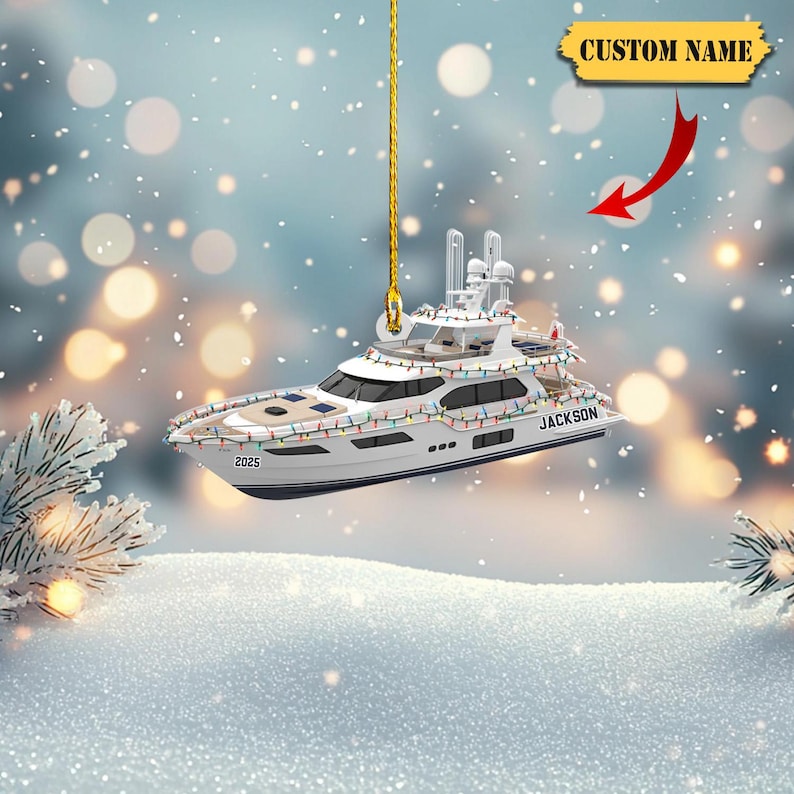 Personalized Yacht Ornament 2025 – Custom Name Flat Acrylic Boat Christmas Tree Decoration, Unique Holiday Gift for Sailing & Ocean Lovers