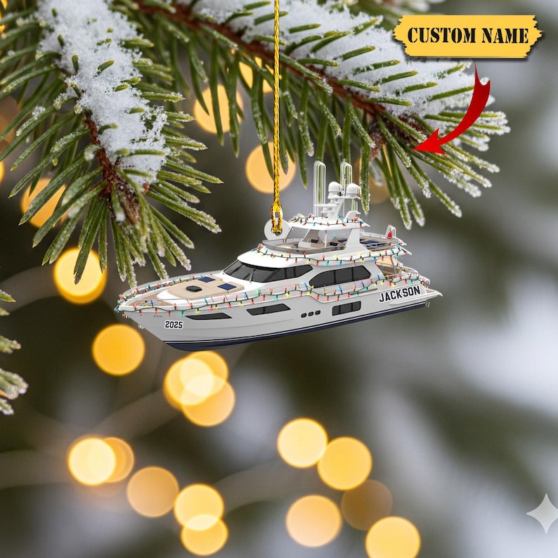 Personalized Yacht Ornament 2025 – Custom Name Flat Acrylic Boat Christmas Tree Decoration, Unique Holiday Gift for Sailing & Ocean Lovers