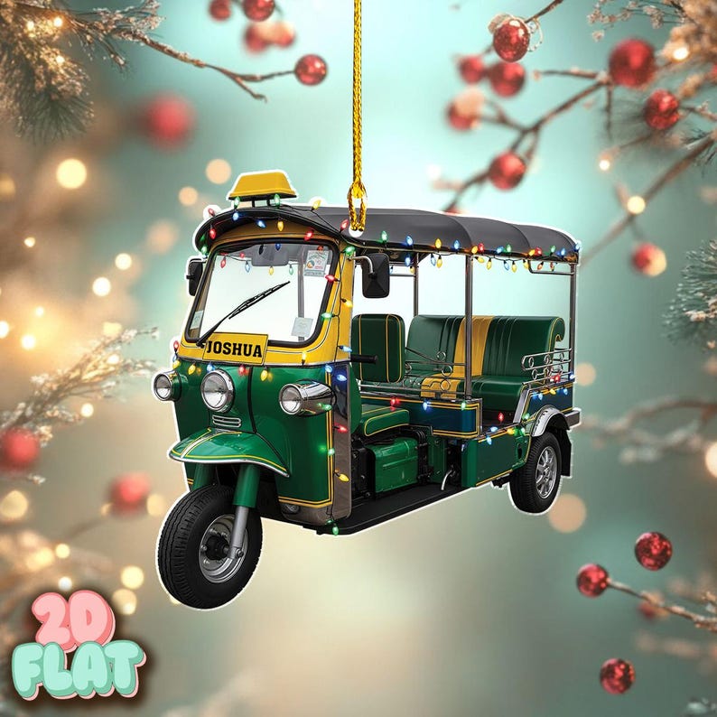 Personalized Tuk Tuk 2D FLAT Ornament, Custom Name Auto Rickshaw Christmas Tree Decoration, Holiday Gift for Travelers, Drivers, Asia Lovers