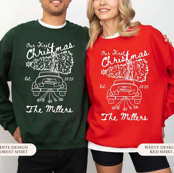 Custom Name First Christmas Married Matching Couple Sweatshirt, Just Married Sweater, Merry and Married Sweatshirt, Newlywed Gift for Bride