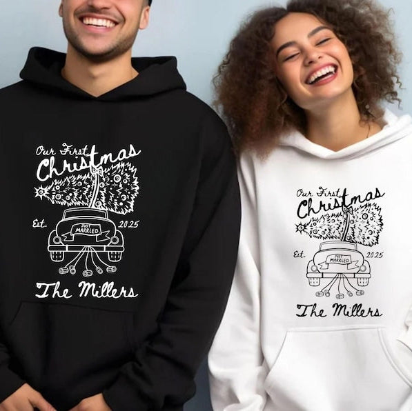 Custom Name First Christmas Married Matching Couple Sweatshirt, Just Married Sweater, Merry and Married Sweatshirt, Newlywed Gift for Bride