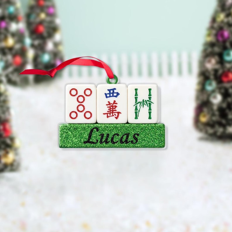 Custom Mahjong Tile Ornament with Name Personalized Bamboo and Bird Design Keepsake