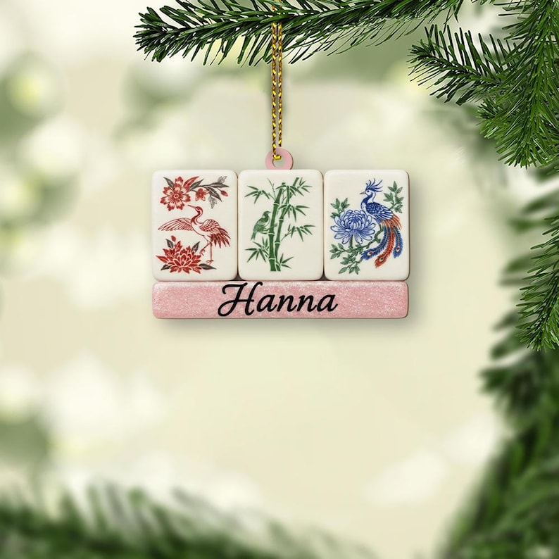 Custom Mahjong Tile Ornament with Name Personalized Bamboo and Bird Design Keepsake