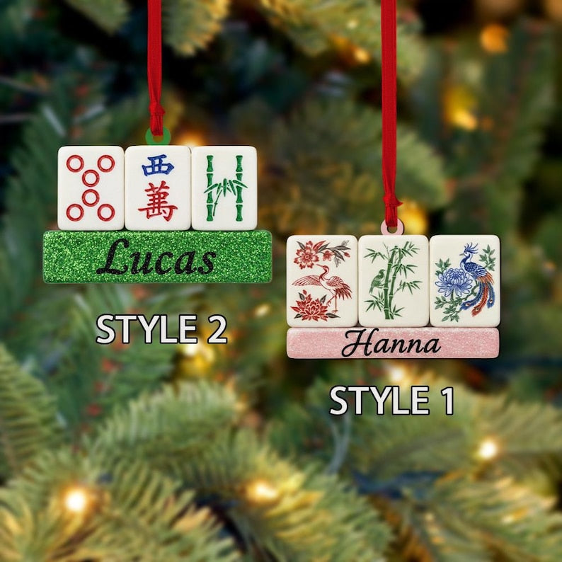 Custom Mahjong Tile Ornament with Name Personalized Bamboo and Bird Design Keepsake