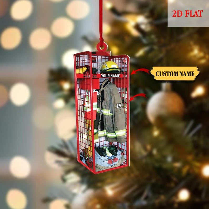 Personalized Firefighter Gear Locker Ornament with Custom Name & Number, 2D Flat Fireman Christmas Tree Decoration, Christmas Gift Decor