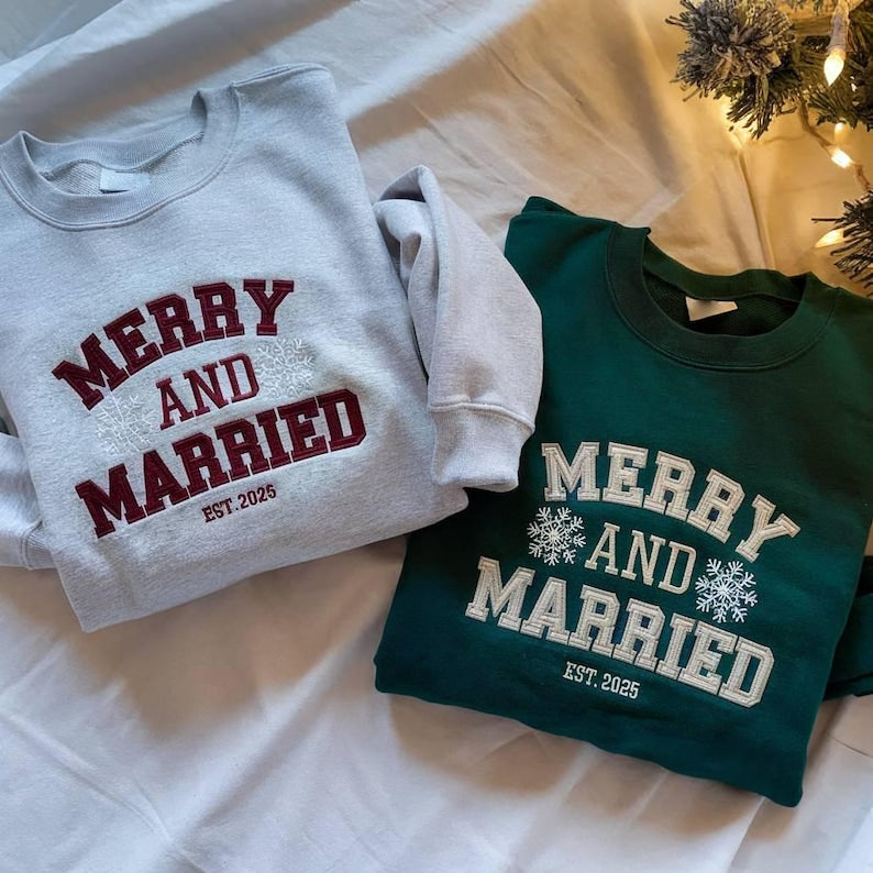 Merry and Married Embroidered Sweatshirt, Christmas Newlywed Matching Couple Sweatshirts, Christmas Wedding Sweatshirt, Christmas Gift