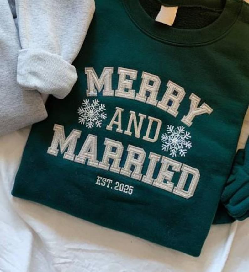 Merry and Married Embroidered Sweatshirt, Christmas Newlywed Matching Couple Sweatshirts, Christmas Wedding Sweatshirt, Christmas Gift