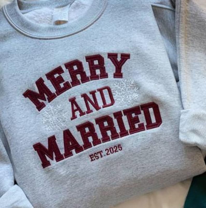 Merry and Married Embroidered Sweatshirt, Christmas Newlywed Matching Couple Sweatshirts, Christmas Wedding Sweatshirt, Christmas Gift