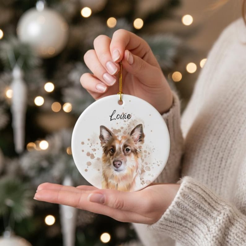 Custom Pet Portrait Ceramic Ornament by Using Pet Photos, Personalized Dog Christmas Keepsake, Pet Loss Remembrance Ornament