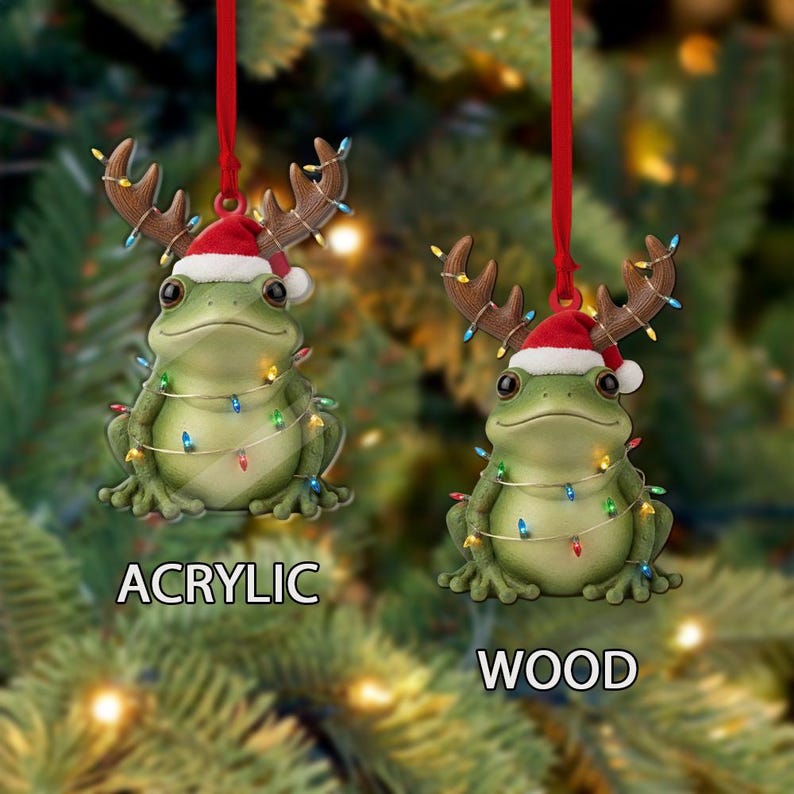 Frog Christmas Ornament Holiday Tree Decoration with Reindeer Antlers and Santa Hat
