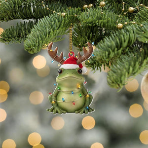 Frog Christmas Ornament Holiday Tree Decoration with Reindeer Antlers and Santa Hat