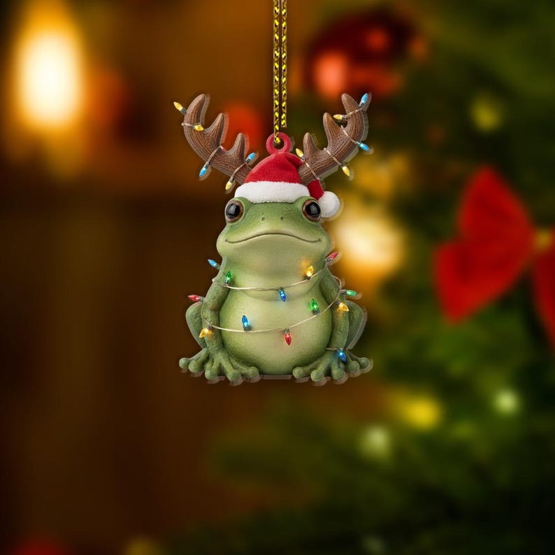 Frog Christmas Ornament Holiday Tree Decoration with Reindeer Antlers and Santa Hat