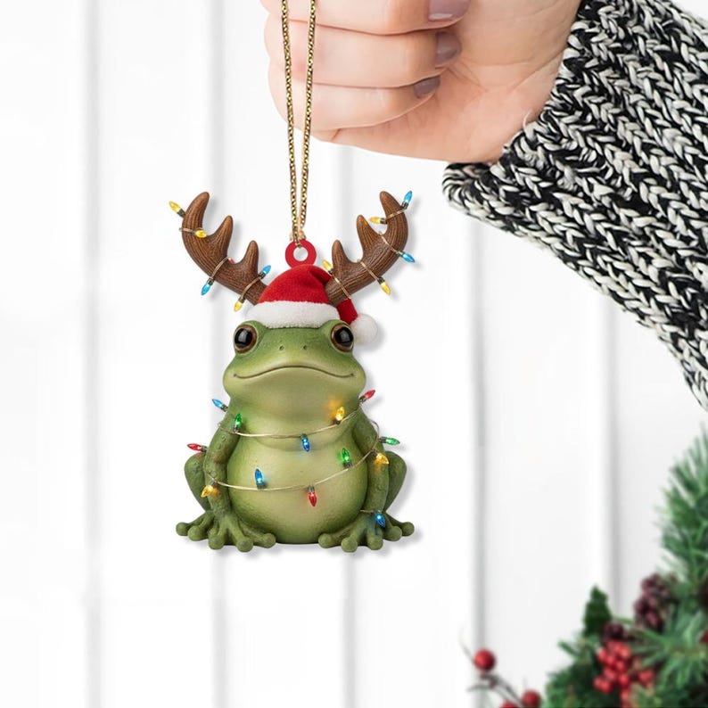 Frog Christmas Ornament Holiday Tree Decoration with Reindeer Antlers and Santa Hat