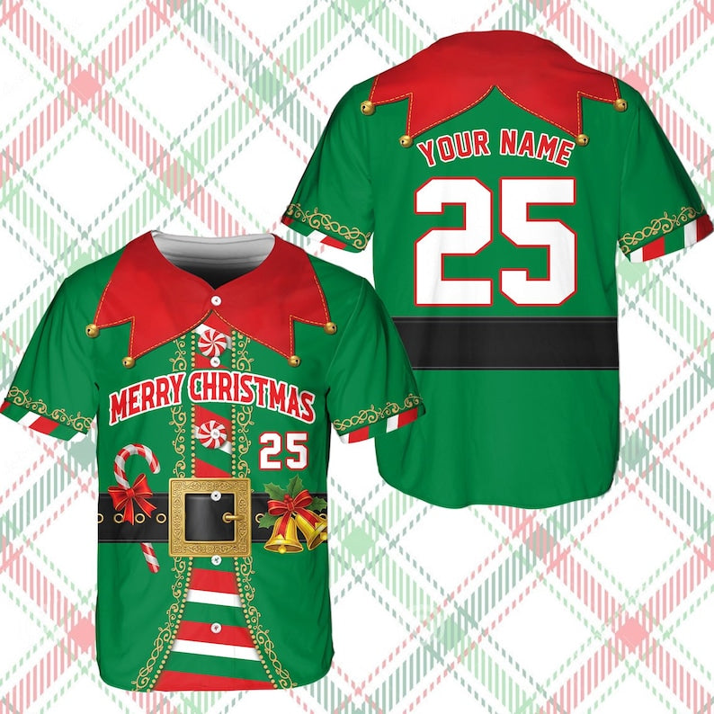 Personalized Christmas Baseball Jersey Adult Kid Youth, Custom Name Number Holiday Jersey, Funny Xmas Gift Team Uniform Santa Costume