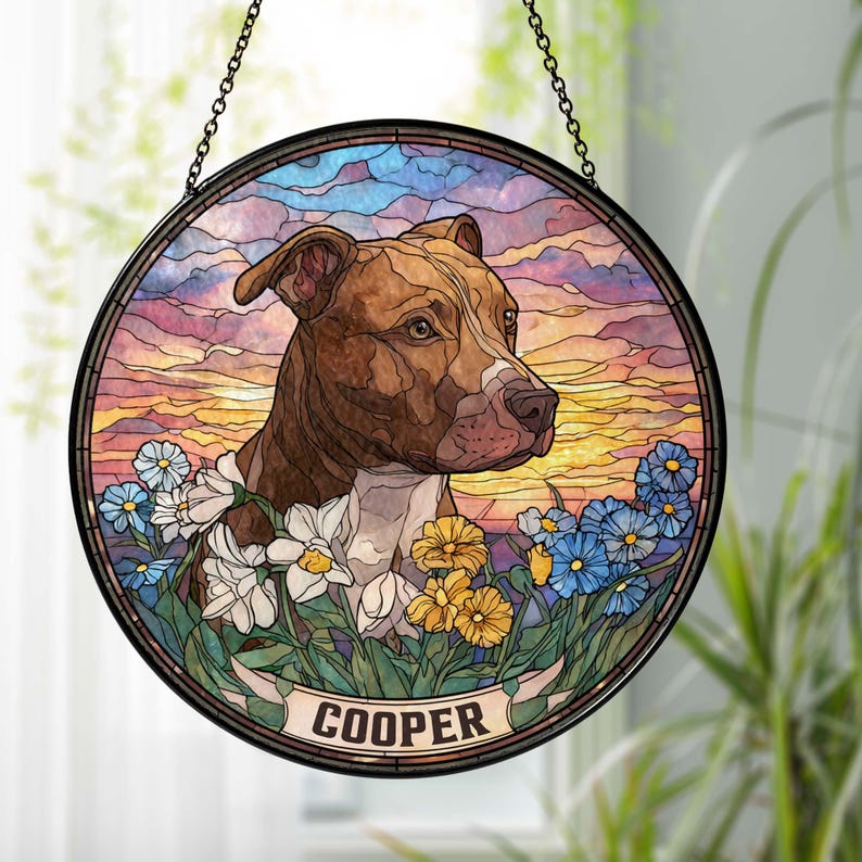 Custom Pet Portrait Stained Glass Suncatcher, Stained Glass Dog Memorial, Custom Dog Portrait from Photo, Pet Memorial Gift, Window hangings