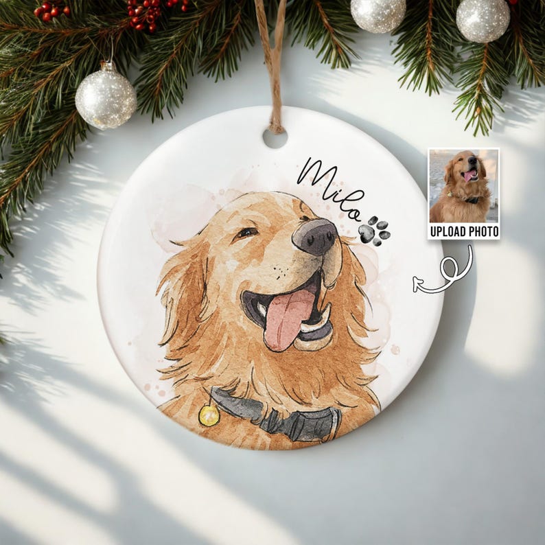 Personalized Watercolor Photo Pet Ornament, Custom Pet Portrait Ornament, Dog Lover Gift, Cat Lover Gift, Custom Memorial Dog Ornament