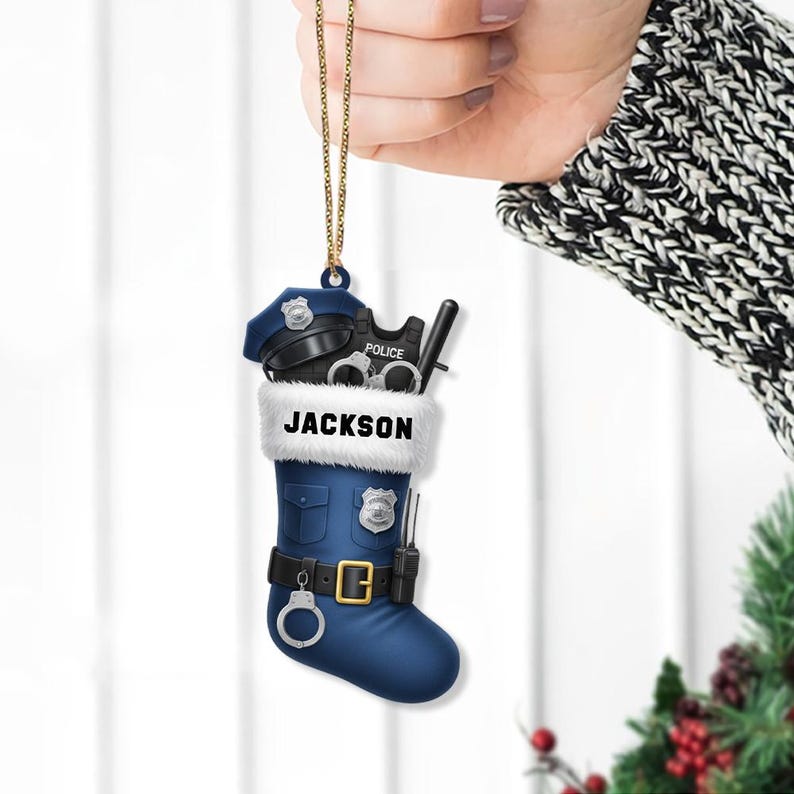 Custom Police Officer Christmas Stocking Ornament Personalized Law Enforcement Holiday Decoration