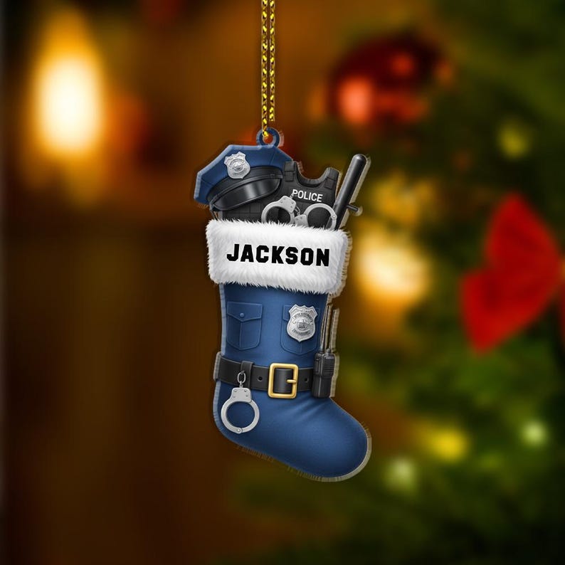 Custom Police Officer Christmas Stocking Ornament Personalized Law Enforcement Holiday Decoration