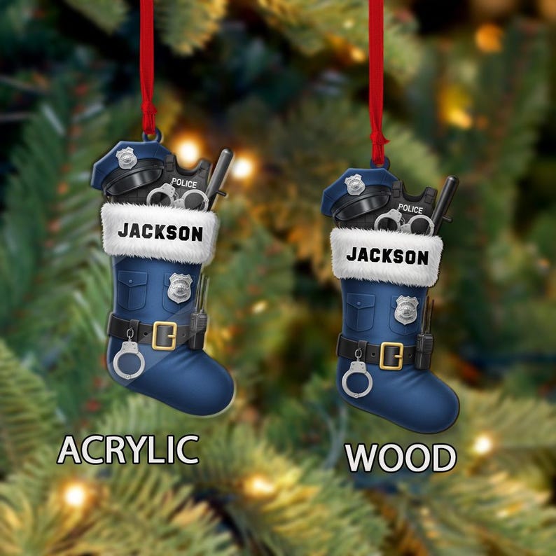 Custom Police Officer Christmas Stocking Ornament Personalized Law Enforcement Holiday Decoration