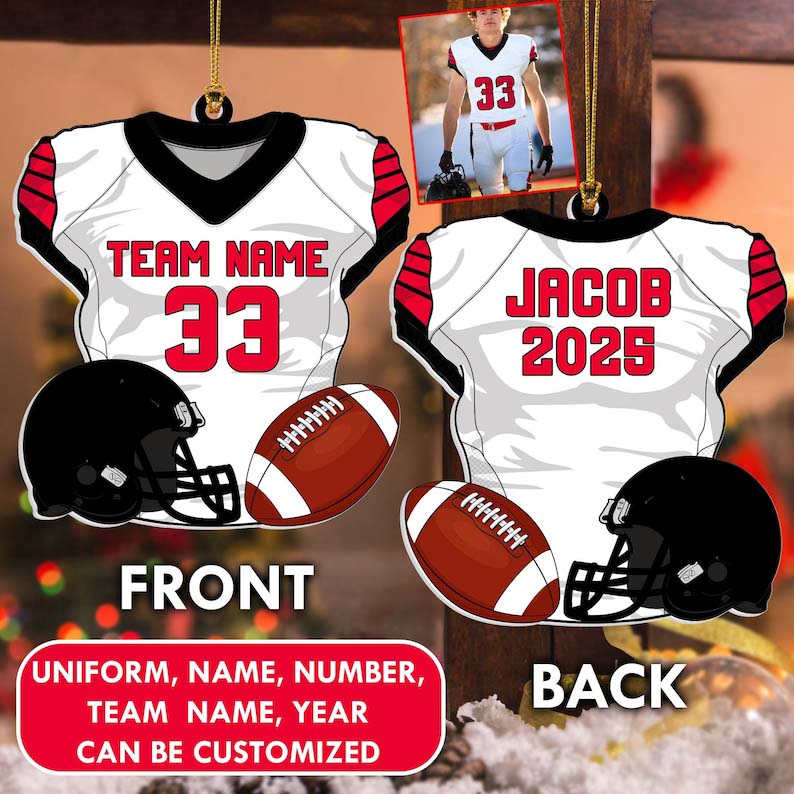 Personalized American Football Uniform 2D Flat Ornament NOT 3D, Football Helmet And Ball, Gift For Football Player, Christmas Fan Ornament
