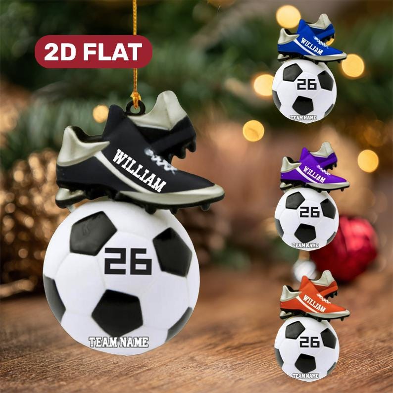 Personalized Soccer Ornament - Custom Name, Number & Team - Christmas Gift for Soccer Player, Coach, Fan - 2D Flat Soccer Ball Keepsake