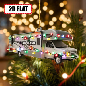 Personalized RV Camper Ornament Flat 2D Acrylic Motorhome Decoration with Christmas Lights, Custom Name Travel Keepsake Gift for Campers