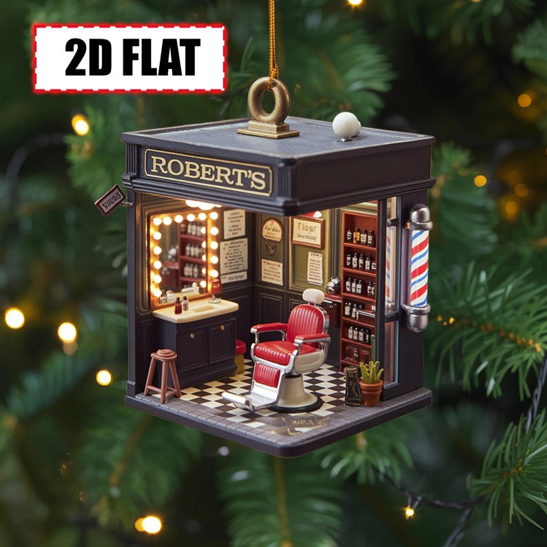 Personalized Barber Shop Ornament Flat 2D Acrylic Christmas Tree Decoration, Custom Name Vintage Barbershop Chair Gift for Barbers Stylists