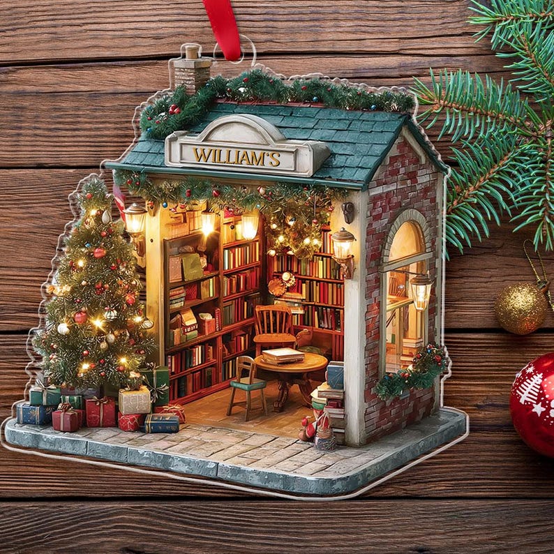 Personalized Miniature Christmas Bookstore Ornament, Antique Bookshop Decor With Tree & Lights, Book Lovers Gifts, Bookish Ornament 2025