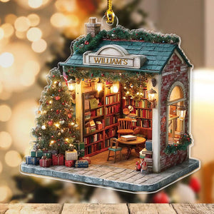 Personalized Miniature Christmas Bookstore Ornament, Antique Bookshop Decor With Tree & Lights, Book Lovers Gifts, Bookish Ornament 2025