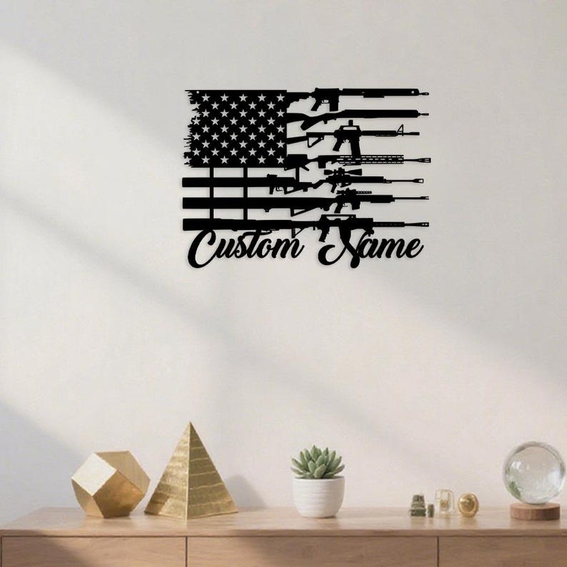Personalized American Flag & Guns Metal Sign, USA 250th Anniversary Gift, Custom Name Patriotic Wall Art, 2nd Amendment Decor, 4th of July Gift, Gun Lover Gift, Gun sign
