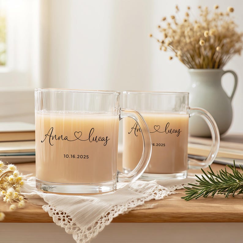 Personalised Engagement Glass Mug, Custom Wedding Mugs, Engagement Gifts, Wedding Gifts for Couple, Bridal Shower Gifts