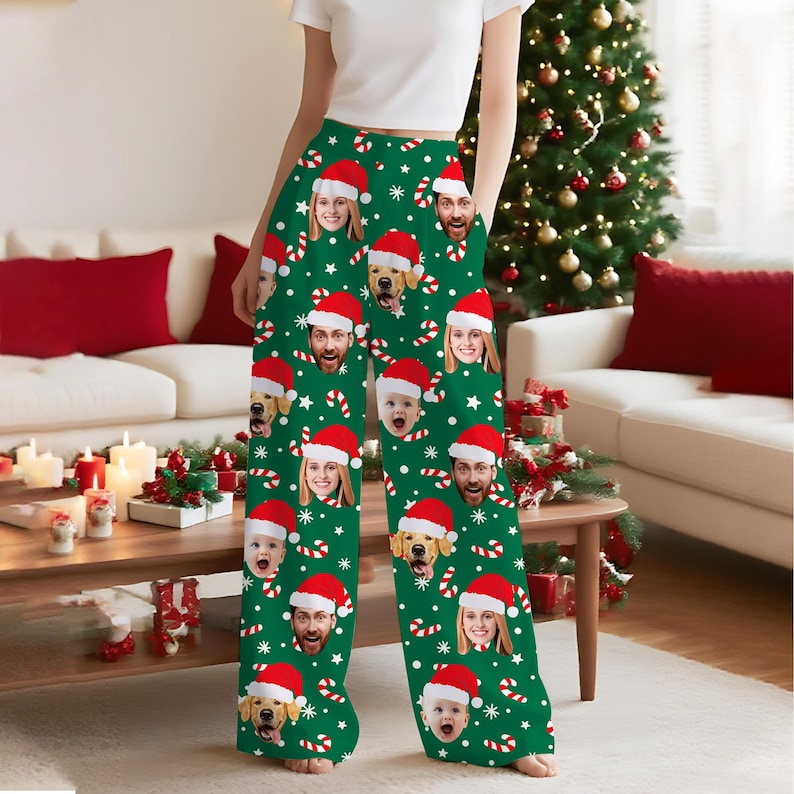 Custom Christmas Family Pajamas Pant: Personalized Santa Hat Face Photo Pjs, Xmas Gift