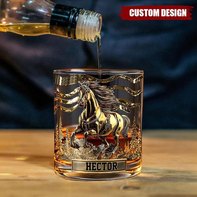 Personalized Horse Whiskey Glass, Cowboy Whiskey Glass Gold, Custom Name Riding Glass, Western Barware Whiskey Glass, Gift For Him