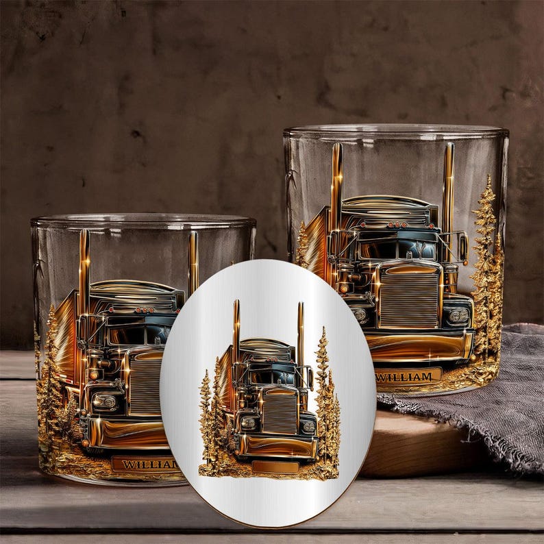 Personalized Truck Whiskey Glass Gold, Whiskey Glass For Trucker Drivers, Retro Barware Decorations, Cars Glass Cup For Him