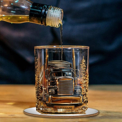 Personalized Truck Whiskey Glass Gold, Whiskey Glass For Trucker Drivers, Retro Barware Decorations, Cars Glass Cup For Him