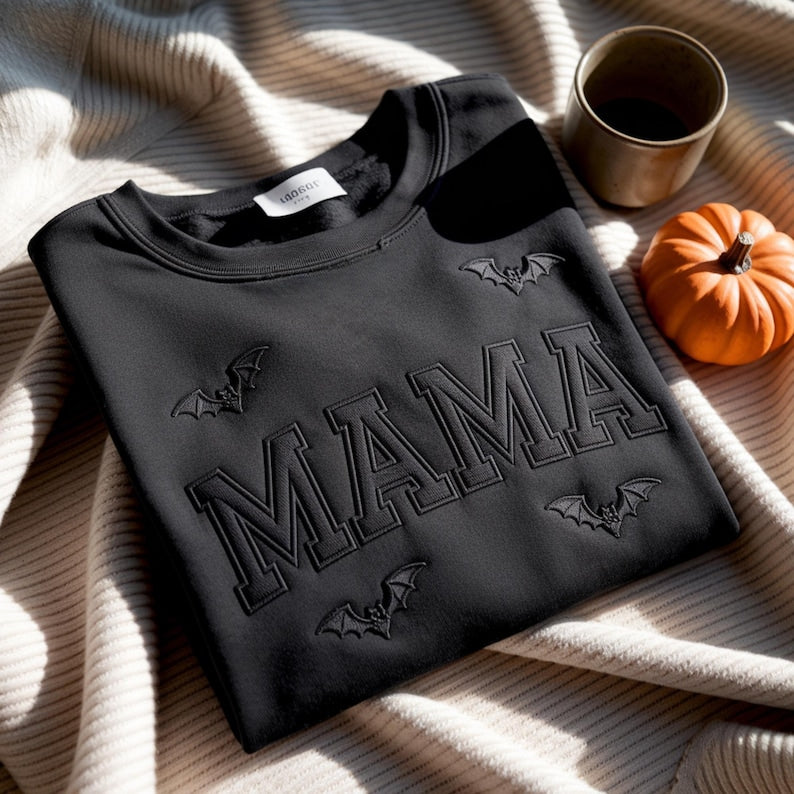 Mama Embroidered Halloween Sweatshirt, Halloween Mom Embroidery Hoodie, Bat Mom Outfit Halloween MAMA Clothing, Mothers Day Gift Crewneck