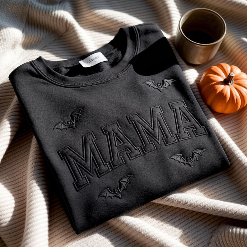 Mama Embroidered Halloween Sweatshirt, Halloween Mom Embroidery Hoodie, Bat Mom Outfit Halloween MAMA Clothing, Mothers Day Gift Crewneck