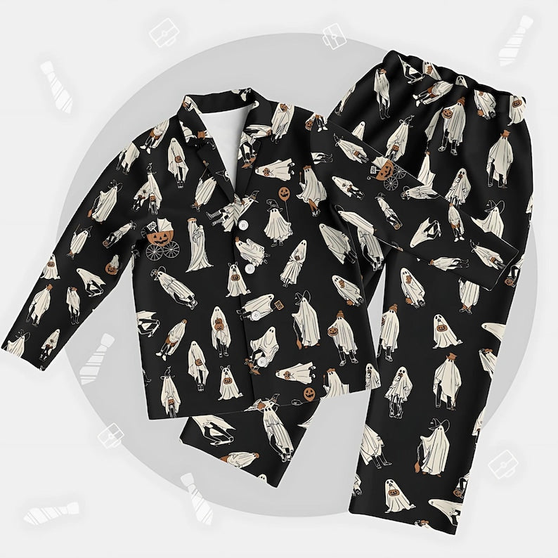 Retro Halloween Ghost Pajamas Set, Custom Ghost Print PJs, Matching Family Sleepwear, Spooky Fall Loungewear, Gift for Him & Her