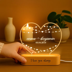 Personalized Heart LED Lamp Custom Names & Date, Anniversary Gift