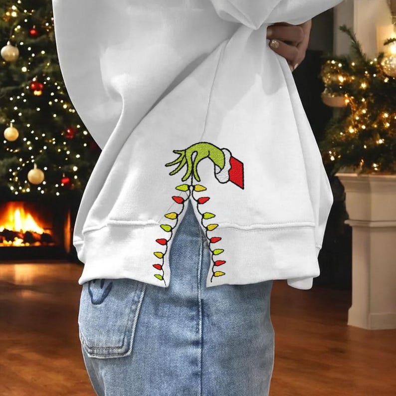 Custom Grinch Side Bow Cut-Out Sweatshirt, Christmas Bow Embellished Sweatshirt, Funny Grinch Hand Embroidered Sweatshirt, Christmas Gifts