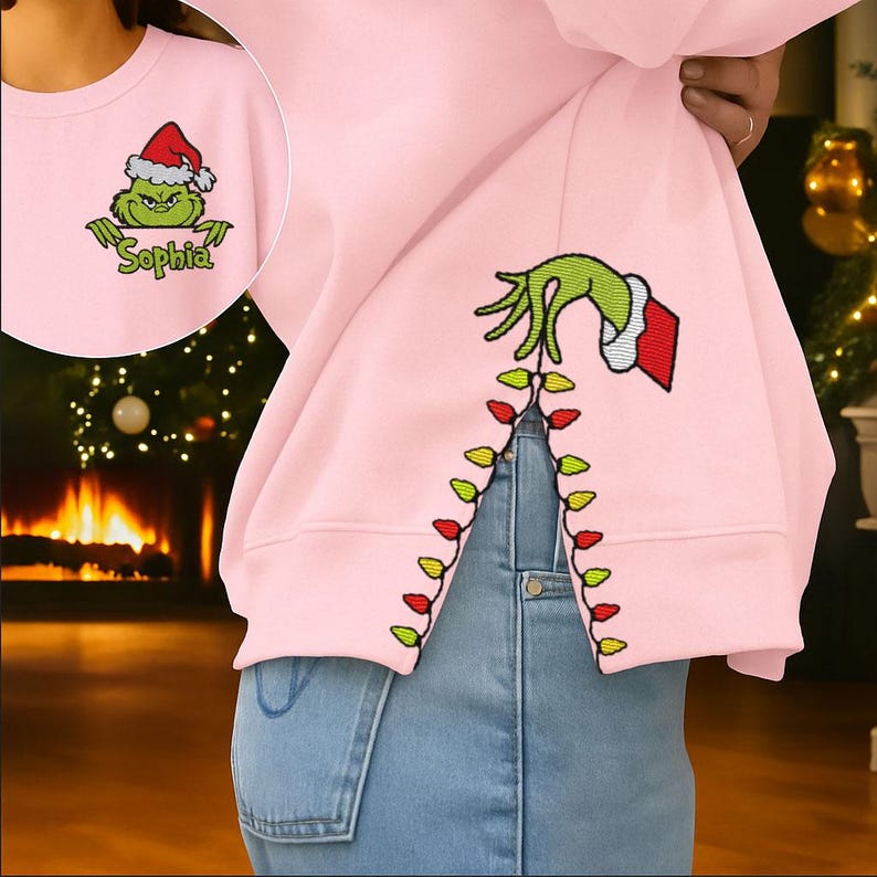 Custom Grinch Side Bow Cut-Out Sweatshirt, Christmas Bow Embellished Sweatshirt, Funny Grinch Hand Embroidered Sweatshirt, Christmas Gifts