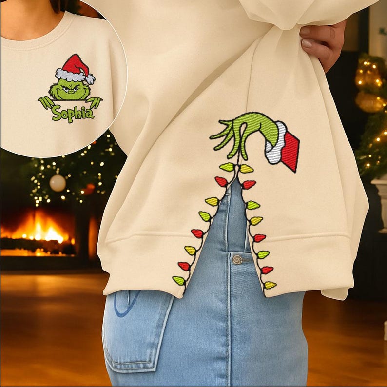 Custom Grinch Side Bow Cut-Out Sweatshirt, Christmas Bow Embellished Sweatshirt, Funny Grinch Hand Embroidered Sweatshirt, Christmas Gifts