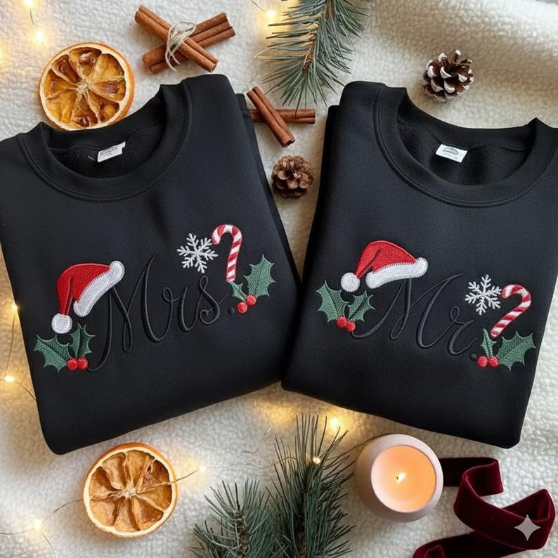 EMBROIDERED Christmas Mr & Mrs Sweatshirt, Winter Wedding Shirt, Christmas Husband Wife Shirt, Matching Family Shirt, Christmas Couple Shirt