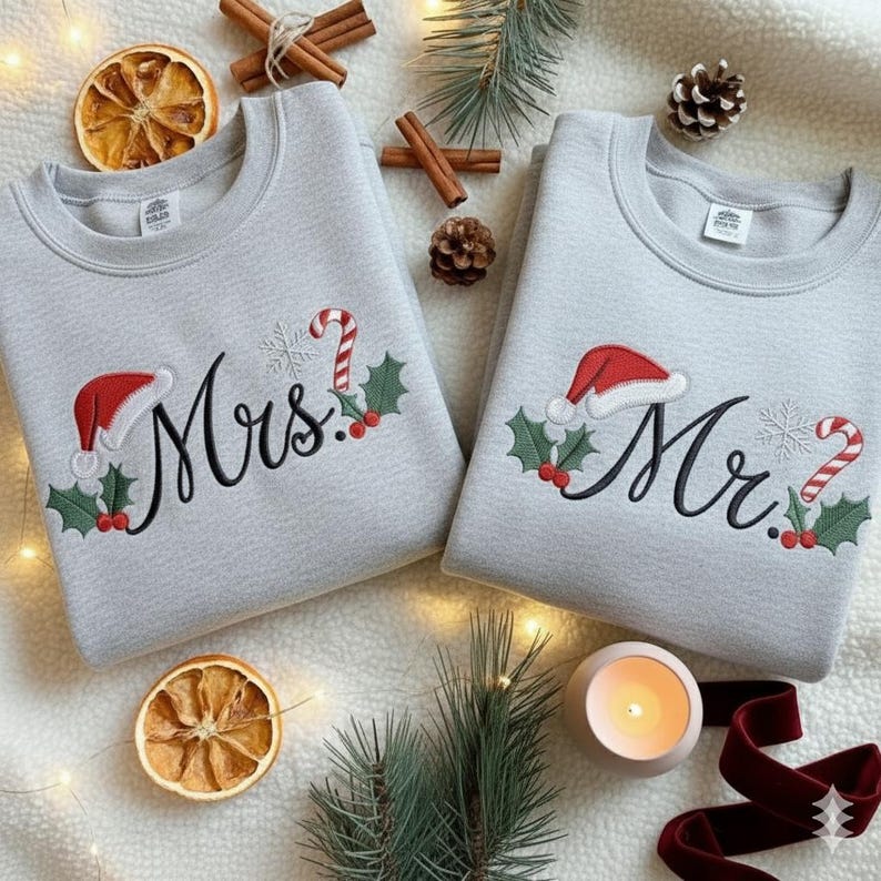 EMBROIDERED Christmas Mr & Mrs Sweatshirt, Winter Wedding Shirt, Christmas Husband Wife Shirt, Matching Family Shirt, Christmas Couple Shirt