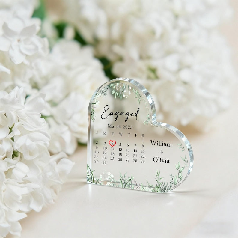 Personalized Engaged Calendar Acrylic Block Plaque, Custom Engagement Print Block Gift for Couple, Wedding Keepsake, Anniversary/Xmas Gift